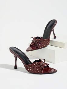 Women's Pointed Toe Lace Wave Edge Mesh Bow High Heel Sandals, Outdoor Activity Open Toe Mule Slippers Wedding Shoes, Burgundy High Heels - Burgundy - View 5