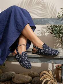 Women's Shoes Cork Raised Thick-Soled Slippers Flat-Soled Half Slippers Japanese Mules Shoes Snowflake Pattern Fashion Slippers - Navy Blue - View 5