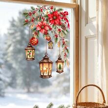 1/4pcChristmas Lantern Window Static Cling, Reusable Glass Static Ornament, Lightweight, For Xmas Indoor Window Decoration, Christmas Floral Lantern With Squirrel Bird Static Window Sticker, Window Decor - Multicolor - View 8