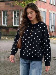 Women Half Button Polka Dot Knit Sweater Henley Neck Loose Drop Shoulder Casual Outfits For Fall Winter Going Out Dating Travel - Black - View 2