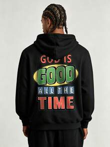 Men's Casual Sports Commute Versatile GOD Print Graphic Long Sleeve Hooded Pullover Fleece Sweatshirt - Black - View 1