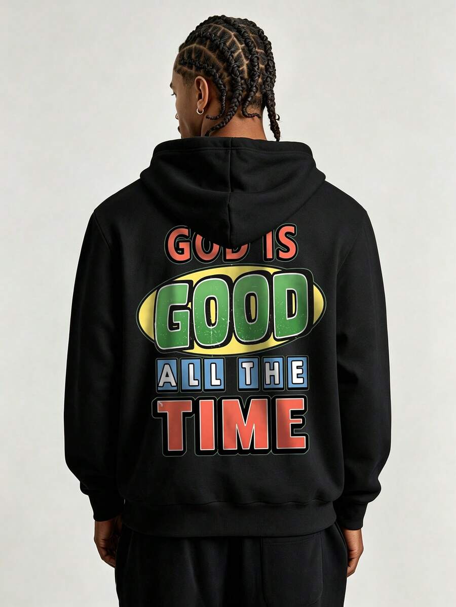 Men's Casual Sports Commute Versatile GOD Print Graphic Long Sleeve Hooded Pullover Fleece Sweatshirt - Black - View 1