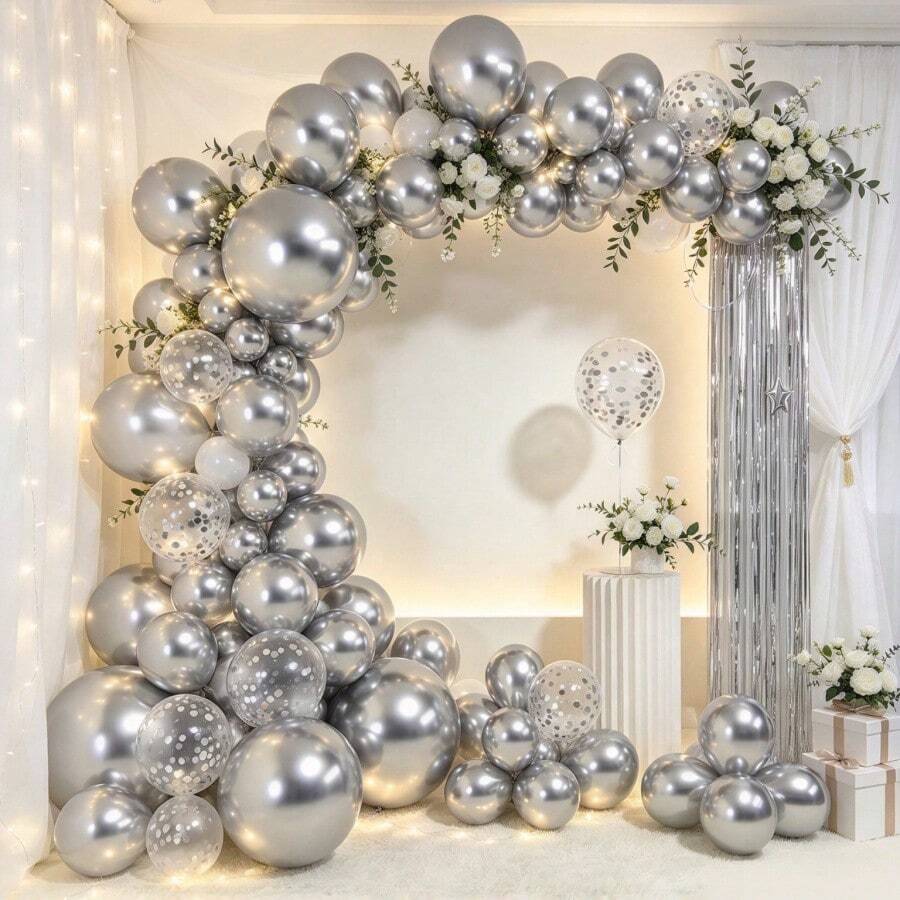 129Pcs Metallic Silver Balloon Garland Kit, 18/10/5 Inch Multi-Size Latex Balloons With Foil Confetti Balloons, For Birthday, Graduation, Wedding, Holiday & Easter Party Decorations - Multicolor - View 1