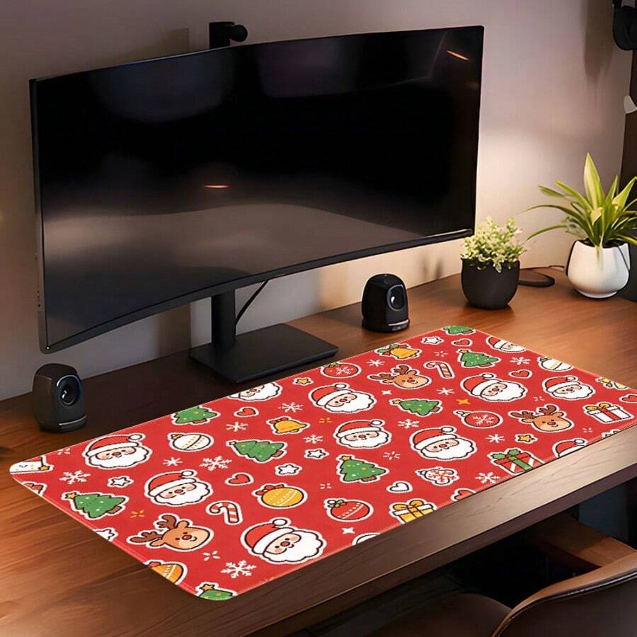 1pc Cute Cartoon Christmas Extra Large Extended Mouse Pad, Red Background Desk Mat, Non-Slip Rubber Base Stitched Edge Soft Fabric Keyboard Pad, Suitable For Office, Gaming And Christmas Gift - View 1