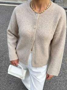 Women's Casual Round Neck Plus Size Cardigan, Long Sleeve Knit Top, Autumn/Winter Essential - White - View 2