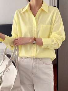 Vellofy Women's Autumn/Winter Yellow Striped Collared Button-Up Cardigan Long Sleeve Loose Shirt With Pockets, Suitable For Home Leisure, Daily Dating, Gatherings - Yellow - View 7