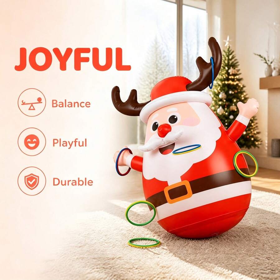 Inflatable Christmas Santa Rocking Ring Toss Game, Christmas Rocking Santa Deer Horns Throwing Toy, Indoor/Outdoor Christmas Party Family Interactive Game, Suitable For Adults, Includes Throwing Rings (Random Ring Color) - Multicolor - View 1