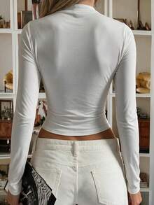 Women's White Knit Long Sleeve Top, Hollow Front Design, Half High Neck, Regular Length Slim Fit - White - View 6