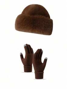 2pcs Set Autumn/Winter Faux Fur Plush Bucket Hat & Touchscreen Knit Gloves, Vintage Warm Bucket Hat & Cold-Proof Gloves Set - Multicolor - View 11