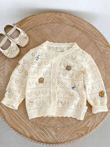 Baby Girls Spring/Autumn New Clothing, Floral Embroidered Pure Cotton Sweater, Girls Versatile Knit Cardigan, Hollow Long Sleeve Jacket - Apricot - View 4