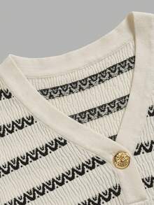 DONICY Women Apricot Stripe V‑Neck Knit Mini Dress Button Front Long Sleeve Bodycon Sweater Dress - Apricot - View 4