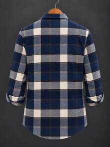 Men's Plaid Long Sleeve Shirt - Casual Button-Down Plaid Shirt With Collar - Royal Blue - View 2