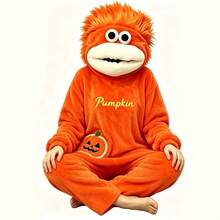 1pc Orange Cartoon Character Pajamas, Plush Full Body Hooded With Pumpkin Pocket, Soft Loungewear Set, Suitable For Teenagers - Multicolor - View 7
