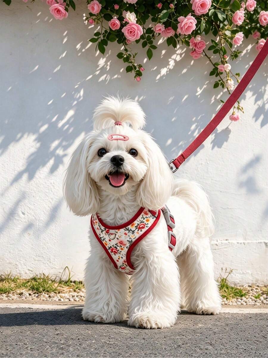 Dog Harness And Leash Set, Floral Pattern Double-Layer Breathable Mesh Vest Harness, Adjustable Soft And Durable Pet Walking Harness And Leash Set, Suitable For Small And Medium Dogs - Red - View 1