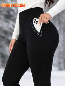 Women's Thermal Warm Thick Winter Pants Trousers Pocket Bell Bottom Flared Pants Tummy Control High Waisted Leggings Christmas - Black - View 10