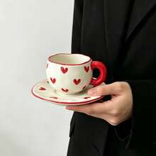 Cute Hand-Painted Ceramic Mug And Saucer Set, Coffee Cup, Home/Office Tea Cup, Suitable For Juice, Milk, Coffee - Birthday And Holiday Gift, Gift For Family, Gift For Him, Ceramic Coffee Cup Set - Red - View 5