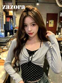 Women's Long Sleeve T-Shirt Base Layer, Slim Fit 2 In 1 Polka Dot Mesh Semi-Sheer Unique Top, Autumn - Light Grey - View 3