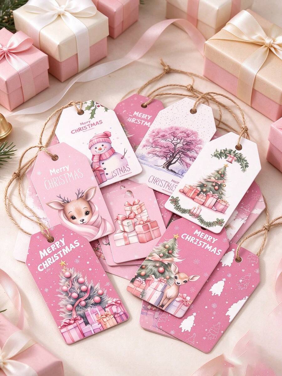 48/24-Pink Christmas Gift Tags With Jute Rope,Fun Holiday Design,Featuring Santa Claus And Deer Snowman, Christmas Tree, Paper Party Gift Tags,Perfect For Decorating Gifts And Parties During The Festive Season(48/24/12/6/1pc) - Pink Series - View 1