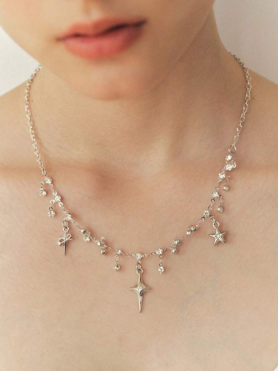 Sorayune Cross Fringe Necklace Women's Bling Atmosphere Ultra Flashy Zirconia And Unique Design Collarbone Chain - Silver - View 1