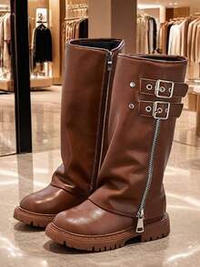 Girls' High-Top Long Boots For Autumn/Winter, Fashion Princess Performance Boots With Side Zipper, Exquisite Design, Sizes 27-37 - Brown - View 1