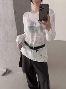 Autumn New Sexy Hollow Mesh Distressed Knit Cover Up, Slouchy Slimming Sexy Sweater Top - White - View 4