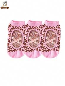 1/3 Pairs Women's Leopard Print Open Back Cross Strap Non-Slip Yoga Socks For Pilates, Aerobics, Dance And Fitness - Pink - View 5