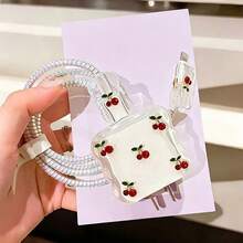 5pcs Red Cherry Resin Charger Head & Data Cable Protector Set, Compatible With Apple 18W/20W Charger Head, Suitable For Type-C Data Cable Protector - Multicolor - View 5