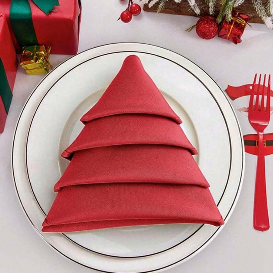 1/2/6pcs Christmas Red & Green Fabric Napkins, Foldable Christmas Tree Shaped Napkins, Holiday Party Table Decor Napkins - Multicolor - View 1