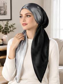 1PC Women's Fashion Gradient Print Headscarf Hat, Luxury Smooth Glossy Slouchy Wear Instant Hijab, Suitable For Daily Use - Black and Gray - View 1