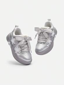Balabala Girls Cute Floral Skate Shoes Soft Sweet Winter Kids Footwear - Smoky Silver - View 4