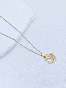 1pc Nautical Anchor Pendant Necklace, Gold Tone Adjustable Collarbone Chain, Casual Vacation Fashion Accessory, Unisex - Multicolor - View 2
