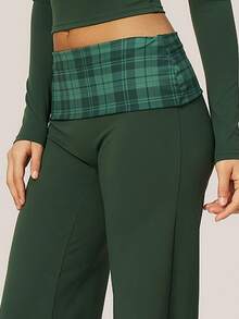 TimeOff Women's One Set Autumn/Winter Plaid 2 In 1 Patchwork Long Sleeve Folded Waist Wide Leg Pants - Dark Green - View 6