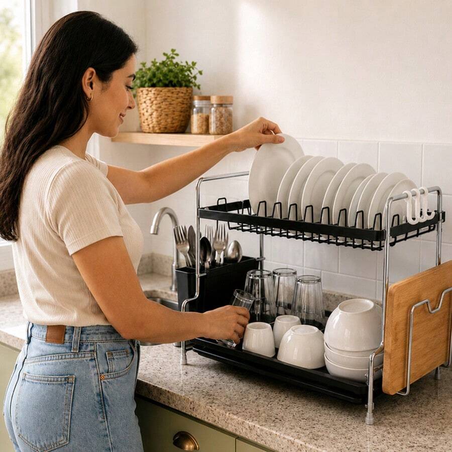 Suporte Secador de Pratos 2 Andares com Acessórios, Aço Carbono Preto e Cromado, Porta-Talheres, Cabide para Tábua e Ganchos, Bandeja de Água – 40x25x30cm - Visão 1