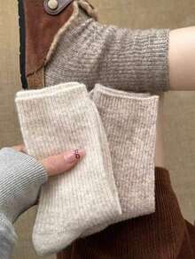 4 Pairs Winter New Japanese Style Solid Color Mink Fur Women's Mid-Calf Socks, Warm Thickened Sleeping Floor Socks, Randomly Shipped - Multicolor - View 3