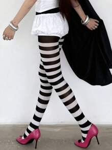 1 Pair Women's Black And White Striped Tight Leggings, High Elasticity Fitted Tights, Suitable For Halloween Party And Punk Style Outfits - Black and White - View 2