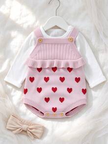 Baby Girl Pink Heart Jacquard Ruffle Trim Knit Romper - Baby Pink - View 8