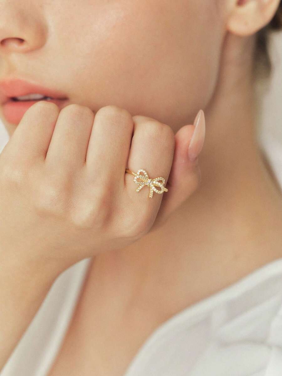 Sorayune 1pc Fashionable Personalized Sweet Creative Design Micro-Inlaid Cubic Zirconia Bowknot Open Ring - Gold - View 1