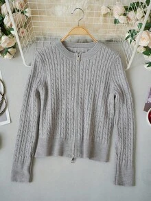Women's Autumn/Winter Cable Knit Long Sleeve Zipper Front Casual Cardigan - Gray - View 5