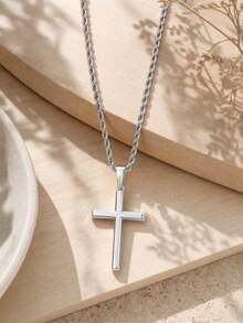 1pc Men's Stainless Steel Chain Necklace With Cross Pendant, Fashionable Minimalist Rope Chain Necklace, Ideal Jewelry Accessory For Men - Steel - View 8