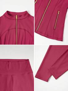 NcmRyu 1-Piece Women's Mandarin Collar Zipper Thumb-Hole Top With Pockets And Fishbone Stitching Jacket And Butt-Lifting Long Pants Set - Pink - View 5