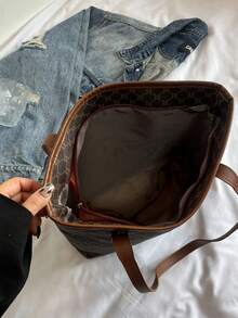 X.Y. Bags 女款咖啡棕幾何字母托特包，皮革手柄，復古手提包，適合日常通勤與購物 - 咖啡 - 查看 10