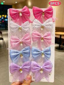 8pcs Kids Rhinestone Bow Hair Clips, Super Fairy Cute Hair Accessories, Perfect Gift For Little Girls, Suitable For Daily Wear, School And Commuting - Pink - View 1