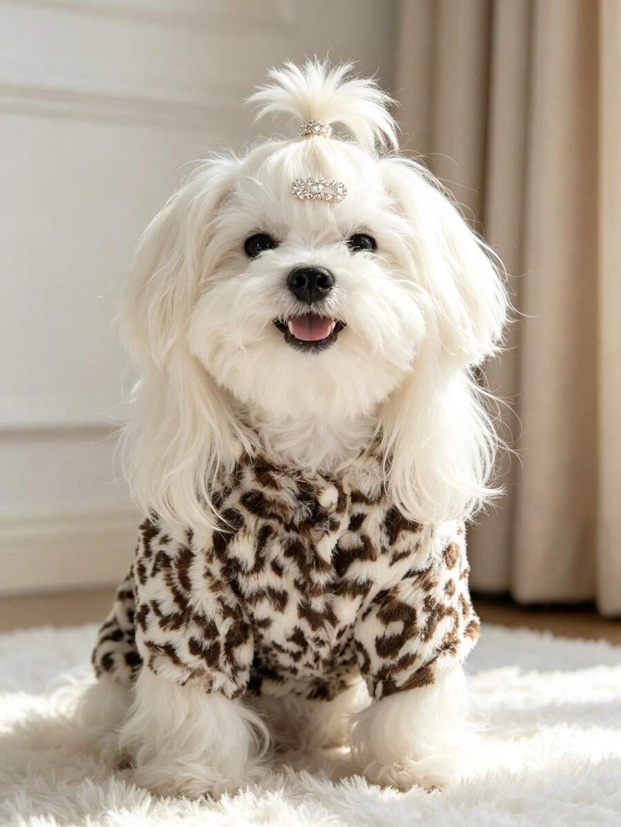 秋冬寵物豹紋連帽夾克,厚抓絨內裡,保暖毛絨衣,適合小型/中型犬、泰迪、比熊、馬爾濟斯 - 彩色 - 查看 1