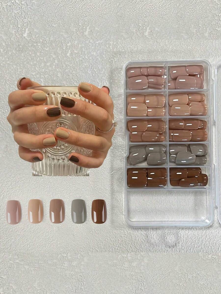 Box Of 150pcs Fall/Winter Style Brown-Colored Removable Mylar Artificial Nail Tips Press On Nails Nail Supplies - Multicolor - View 1