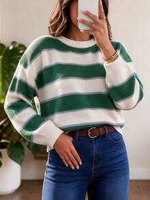 Green & White Colorblock Striped Knit Pullover Sweater, No Decoration, Round Neck, Drop Shoulder, Loose Fit, Casual Daily Commute For Women - Green - View 2