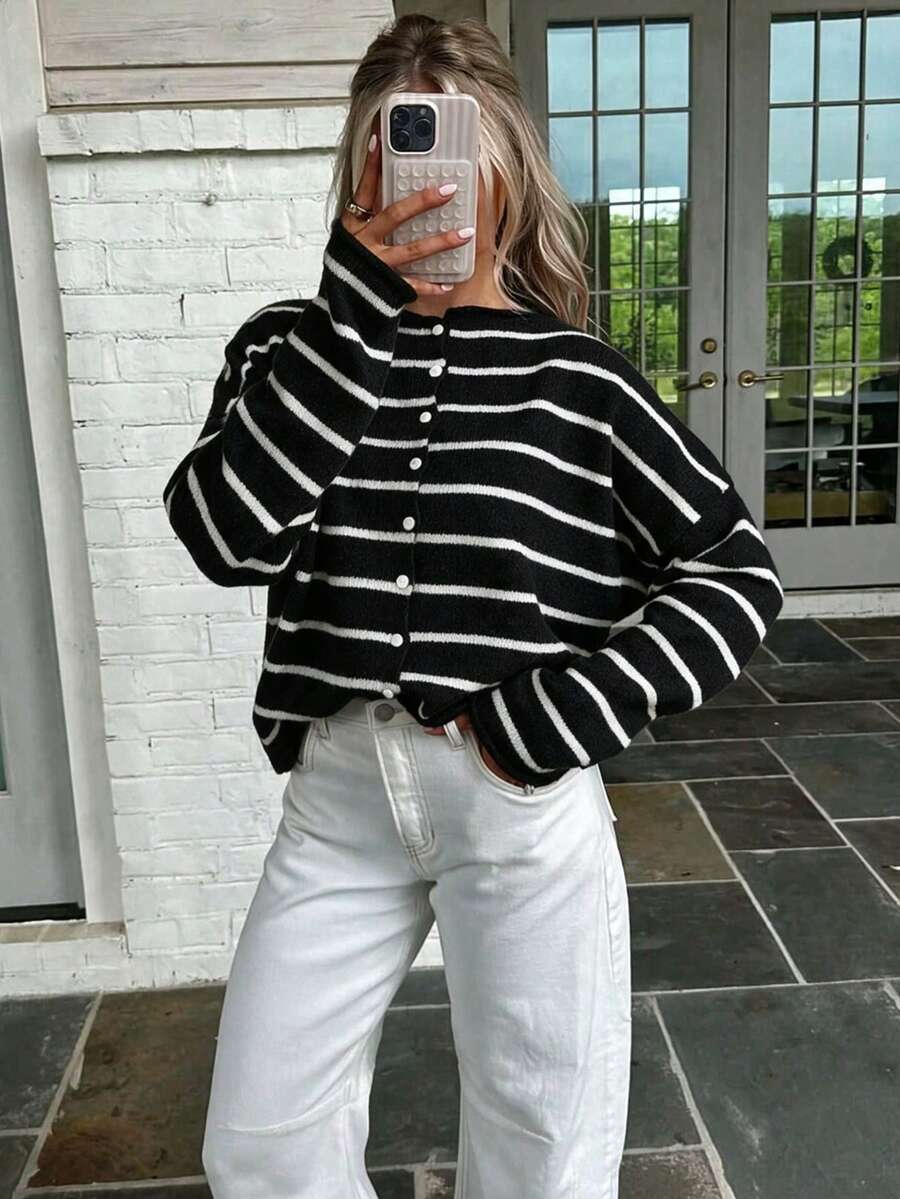 Mori 女款秋冬條紋 Y2K 長袖鈕扣開襟圓領針織開襟衫,適合外出、派對與度假 - 黑拼白 - 查看 1