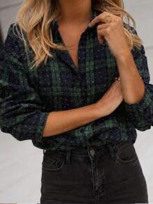 Women's Plaid Dropped Shoulder Long Sleeve Button-Down Shirt Long Top, Textured Knit Fabric, Autumn And Preppy Style Outfit Choice - Multicolor - View 4