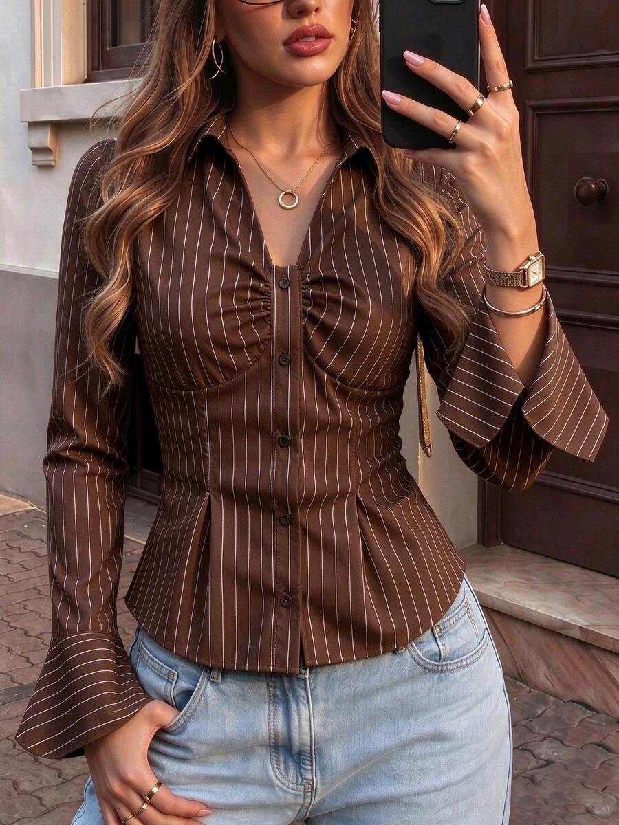 Women's Brown Striped Shirt, Front Button Design, Ruched Hemline With Pleats, Woven Fabric, Collar And Long Sleeves, Autumn Outfit Essential, Suitable For Home, Daily Wear, Office Commute, Back To School Season - Rust Brown - View 1
