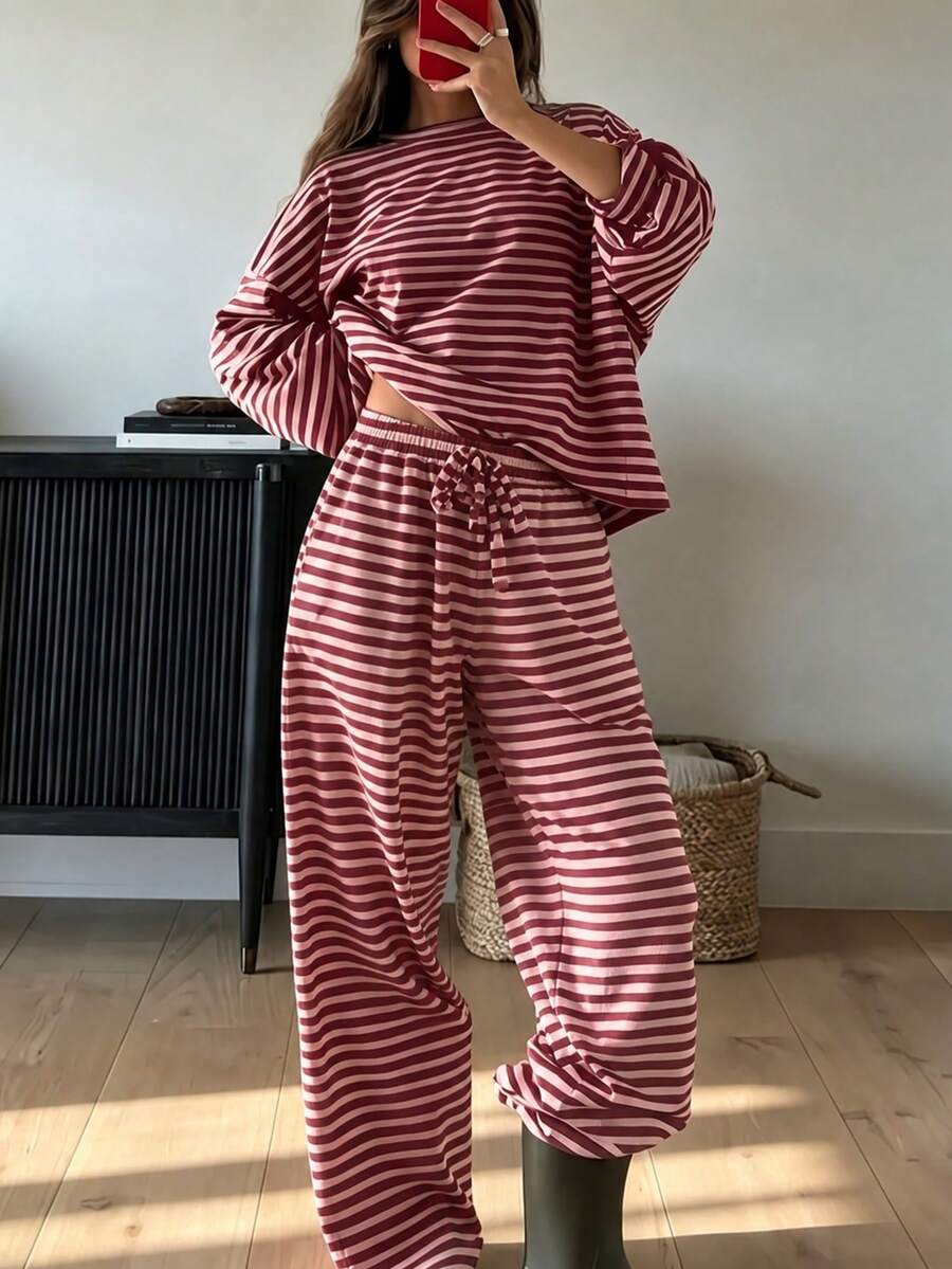 2件組女款純色極簡條紋睡衣套裝,附雙口袋抽繩長褲與對比色圓領上衣 - 玫瑰紅 - 查看 1