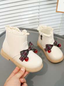 Girls' Boots Autumn/Winter New Lace Trim Bow Cherry Decor Soft Sole Anti-Slip Ankle Boots - White - View 6